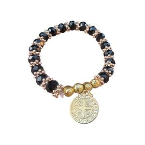 Black and Gold Beaded Bracelet With St. Jude and Cross Charm